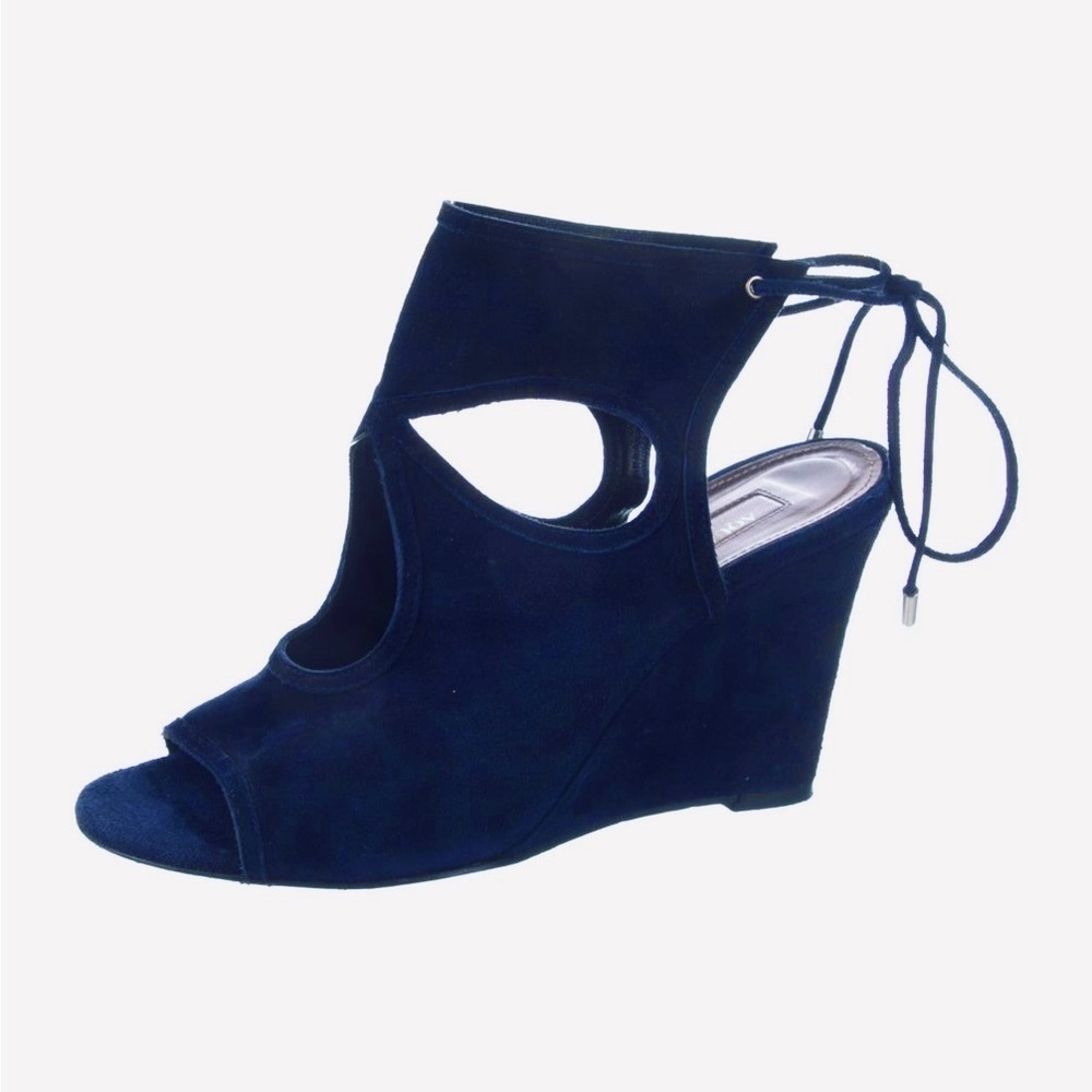 Aquazzura Iman Blue Suede Cutout Wedge Sandals Size 37.5 as seen Julianne Moore - Picture 3 of 13